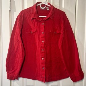 Chico’s Women’s Button-Down Shirt Red Long Sleeve Collar w/ Chest Pockets Size 3